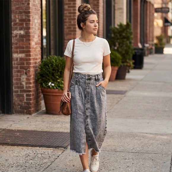 We The Free Dresses & Skirts - WE THE FREE GRAY WASH MIDI DENIM SKIRT